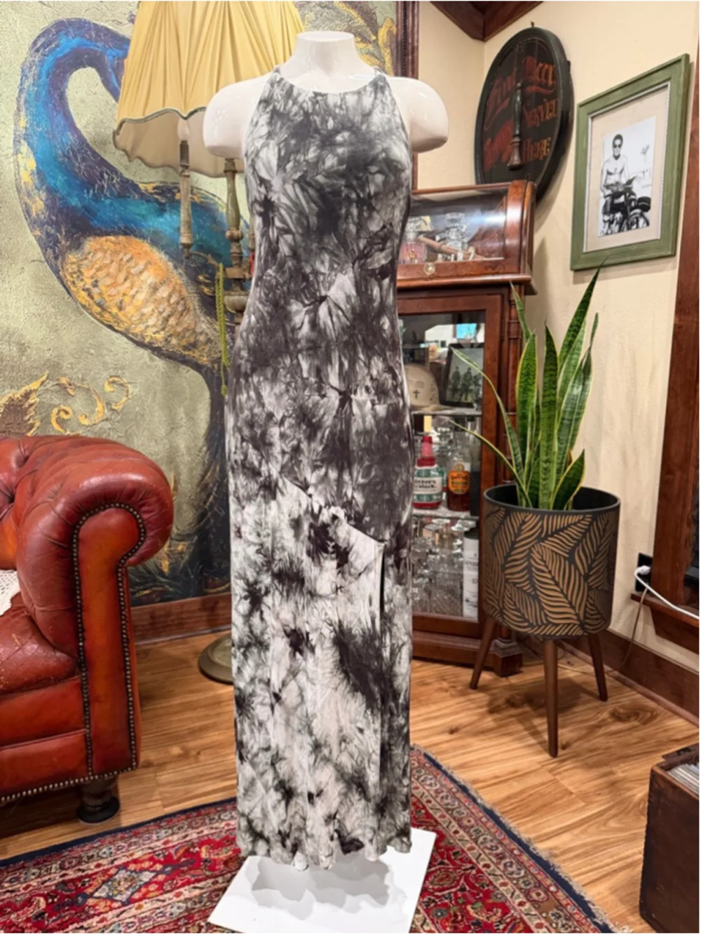 CQ by CQ Tie Dye Maxi Dress L Black Gray Halter Neck Backless Side Slit Stretch - Picture 3 of 12